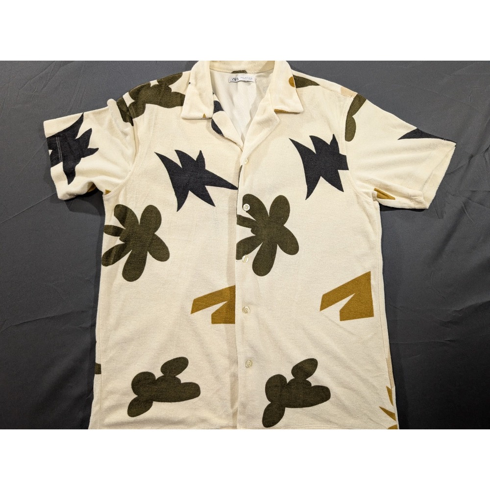 Zara Man Terry Cloth Abstract Print Short Sleeve Button Up Shirt Cream Small